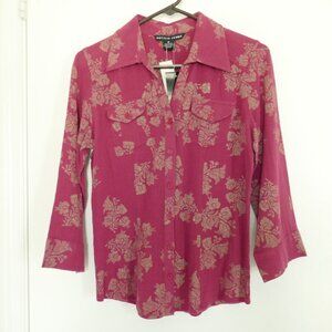 NWT Antilia Femme 3/4 sleeve button down floral blouse raspberry pink size M